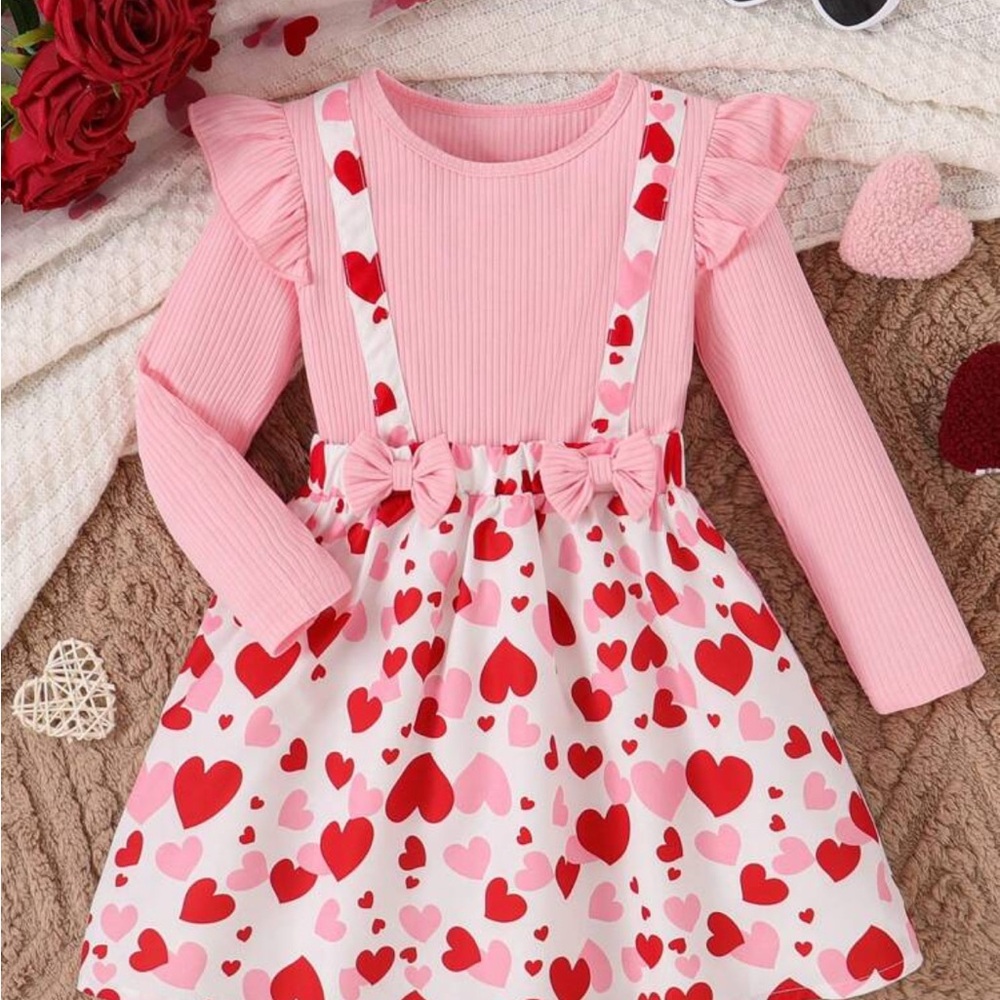 Pink and Red Heart Dress with Ruffle Sleeves
